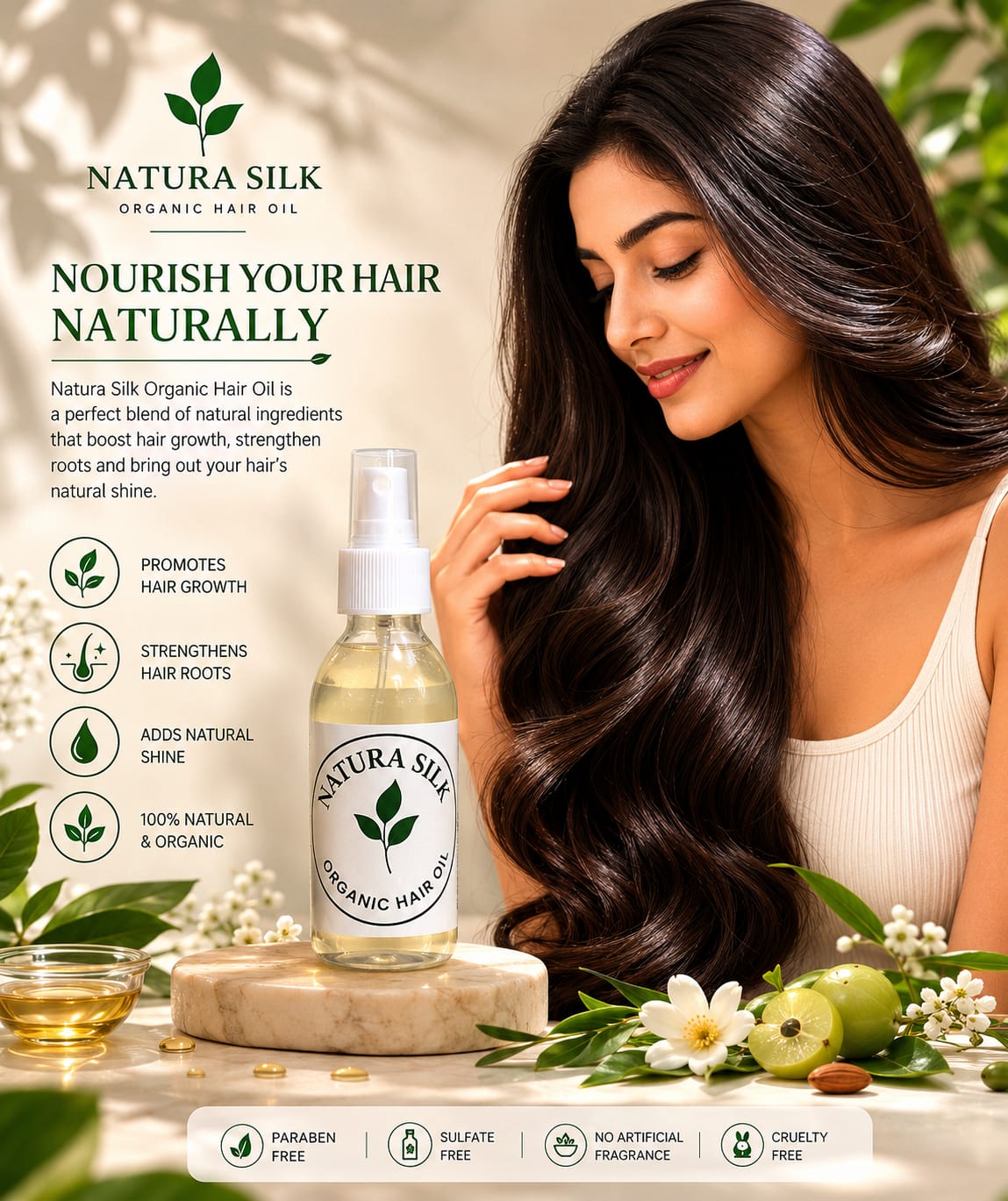 sponsored Natura silk hair oil 100% organic, for fizzy hairs, damage hair, and hair loss